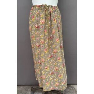 Vintage Reversible Floral Maxi Skirt L Olive Cream Boho Cottagecore Drawstring
